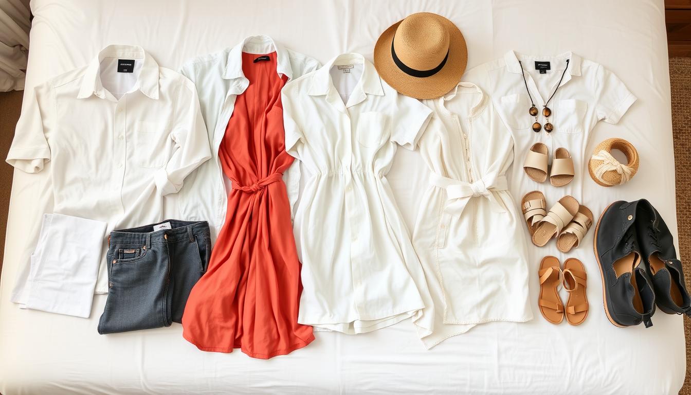 Summer travel capsule wardrobe laid out with mix and match pieces