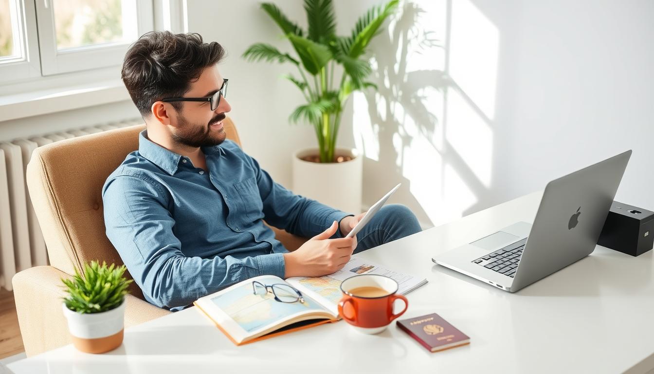Person relaxing while planning a stress-free travel itinerary on laptop with coffee