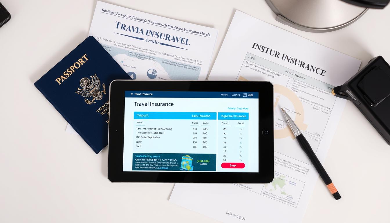 Travel insurance comparison showing multiple policy documents and a passport