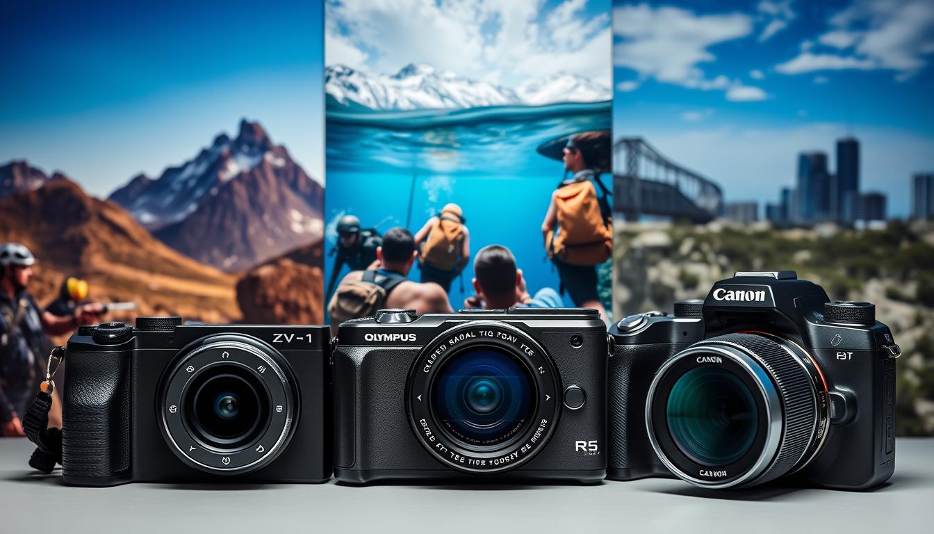 Three adventure cameras side by side showing the Sony ZV-1, Olympus Tough TG-7, and Canon EOS R50 with adventure backgrounds